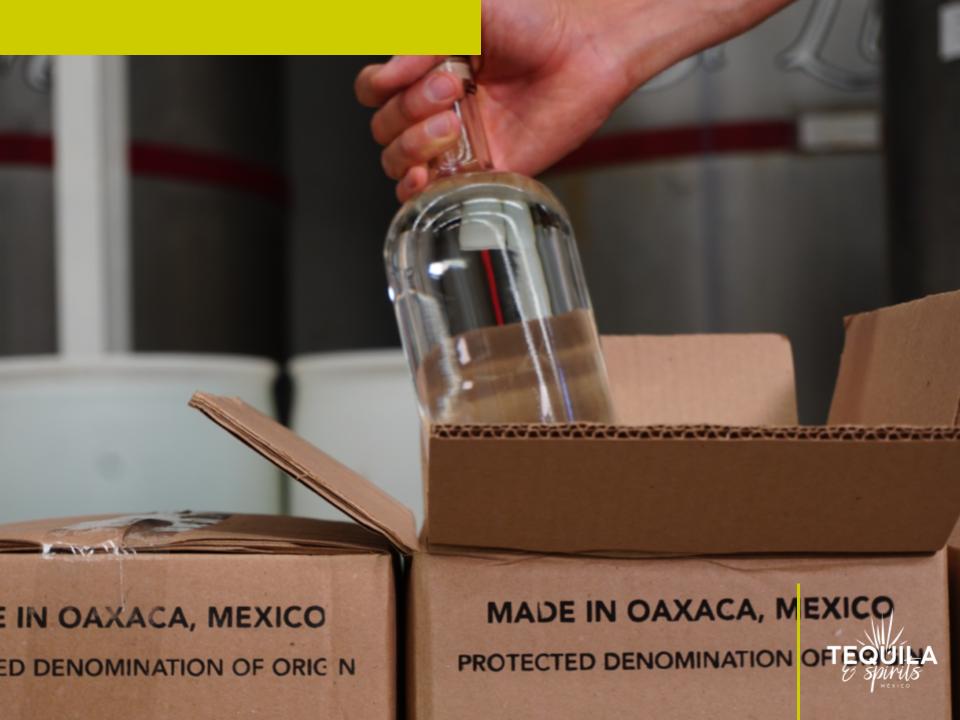 A bottle of a mezcal private brand made in oaxaca is beeing packaged at Tequila Spirits Mexico distillery when creating your own mezcal brand