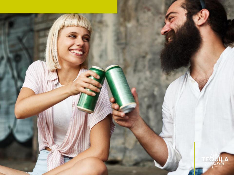 Two friends toasting with canned ready to drink coctails