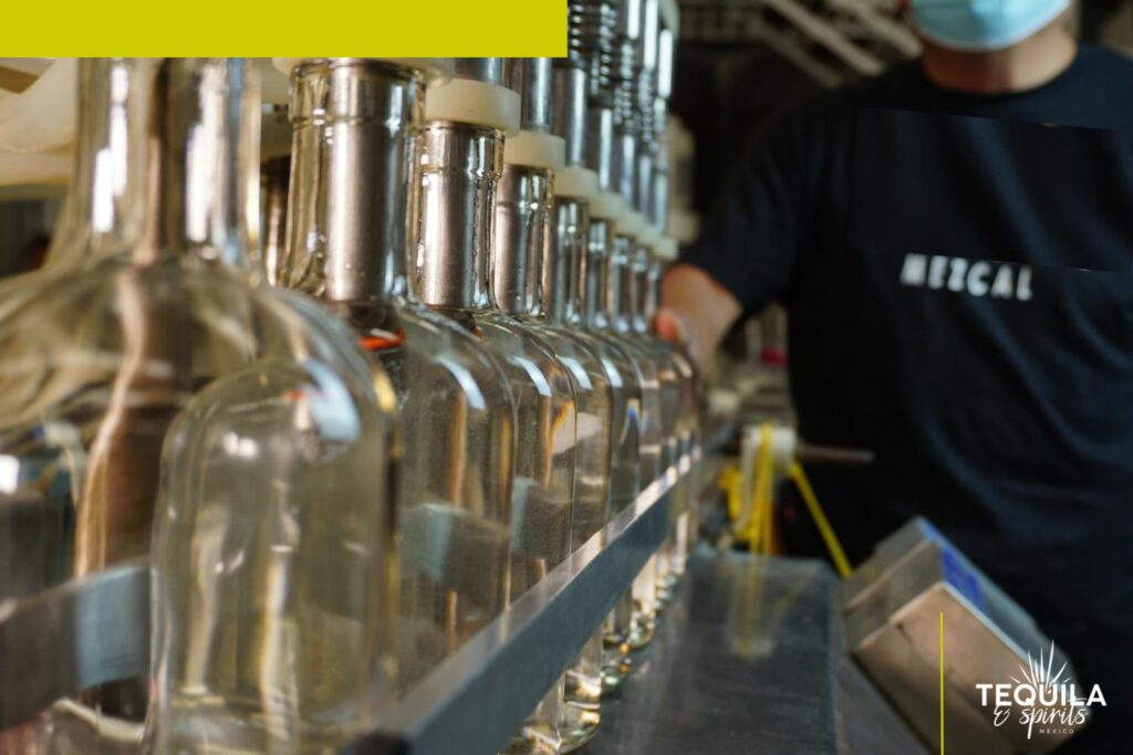 Detail of glass bottles being filled with mezcal at Tequila Spirits Mexico, creating a Mezcal Private Brand.