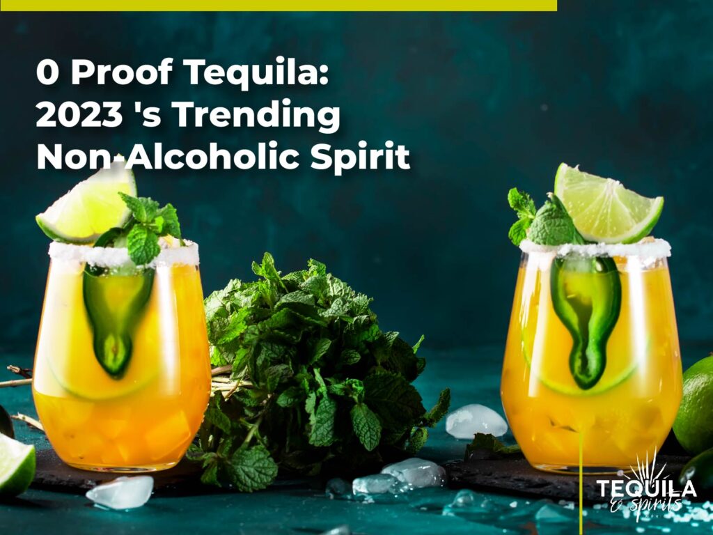 In the image there's two glasses of 0 proof tequila cocktails, decorated with lemon, chili and mint.