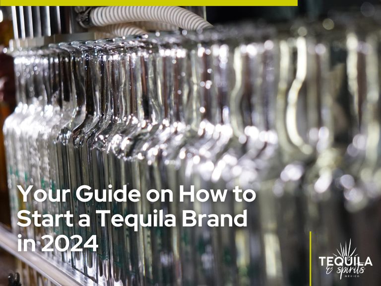 It's the image of a lot of tequila bottles in a distillery with the title “Your Guide on How to Start a Tequila Brand in 2024”