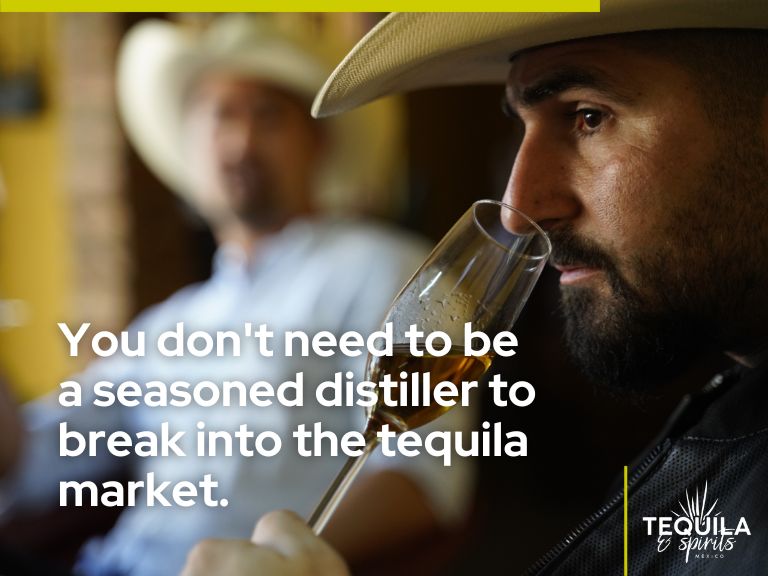 It's the image of a man with a hat smelling a tequila glass. In white there's the text “You don't need to be a seasoned distiller to break into the tequila market”. This is a great reason for you to make your own tequila brand
