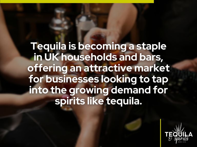 It's a blurred image of several hands toasting with tequila shots. The text in white reads: “Tequila is becoming a staple in UK households and bars, offering an attractive market for businesses looking to tap into the growing demand for spirits like tequila.”