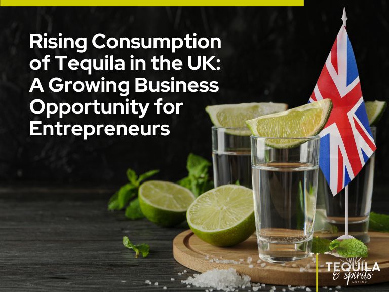 It's a picture of three shots of tequila with lemon and a British flag between them. It's titled “Rising consumption of Tequila in the UK: A growing business opportunity for entrepreneurs”.