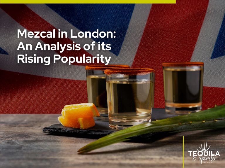 Its an image of three shots of mezcal with some orange slides and the flag of the United Kingdom on the back. The title is "Mezcal in London: An Analysis of its Rising Popularity".