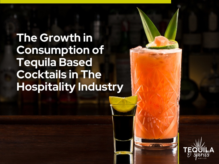 Its an image of a tequila based cocktail with a tequila shot at the side. The title is “The Growth in Consumption of Tequila Based Cocktails in the Hospitality Industry”.