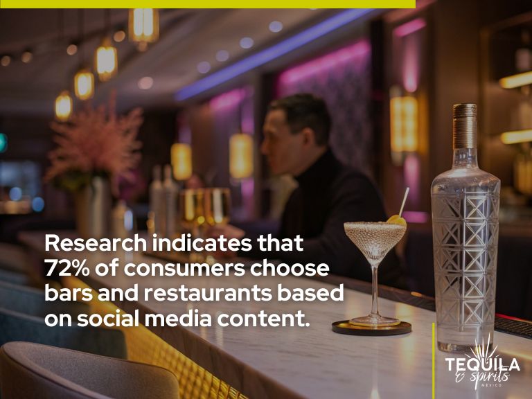 Stylish bar with blurred man in background and agave spirits bottle in foreground, illustrating that 72% of consumers select venues based on social media content.