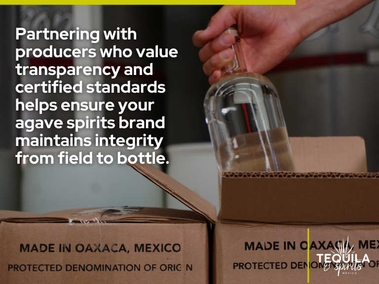 Hand placing a bottle of mezcal into a box labeled “Made in Oaxaca, Mexico,” representing transparency and certified standards in agave spirits production.