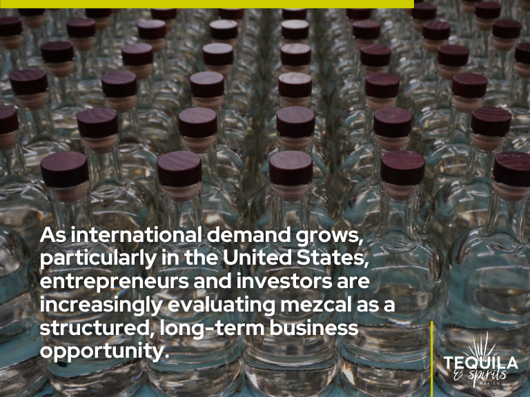 Rows of Mezcal bottles prepared for distribution, representing mezcal market expansion and long-term mezcal investment potential.