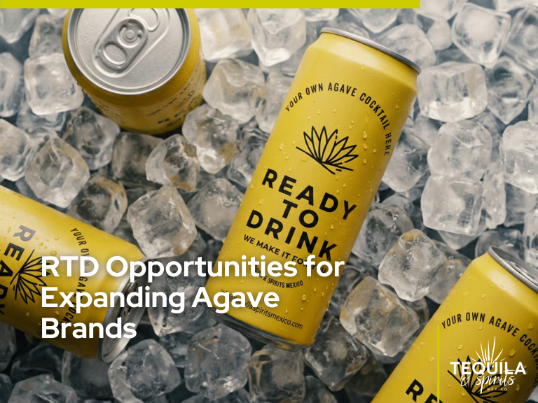 Ready to drink agave cans placed on ice, illustrating the growing relevance of RTD formats as a strategic opportunity for expanding agave brands. This image reflects how RTDs are driving visibility, accessibility, and market growth within the U.S. spirits industry.