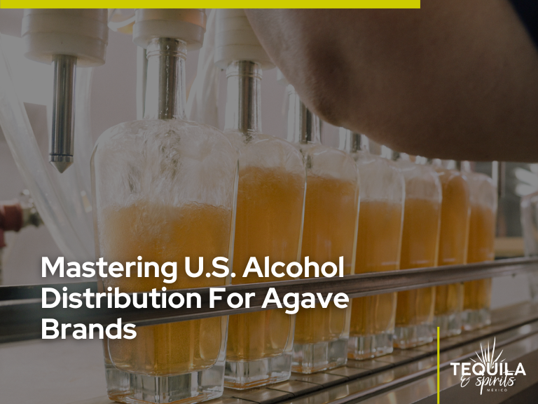 Agave spirits bottles being filled during production, representing U.S. alcohol distribution and market readiness for agave brands.