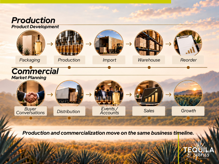 Infographic comparing the production timeline (packaging to reorder) with the commercial sales strategy for a tequila brand.