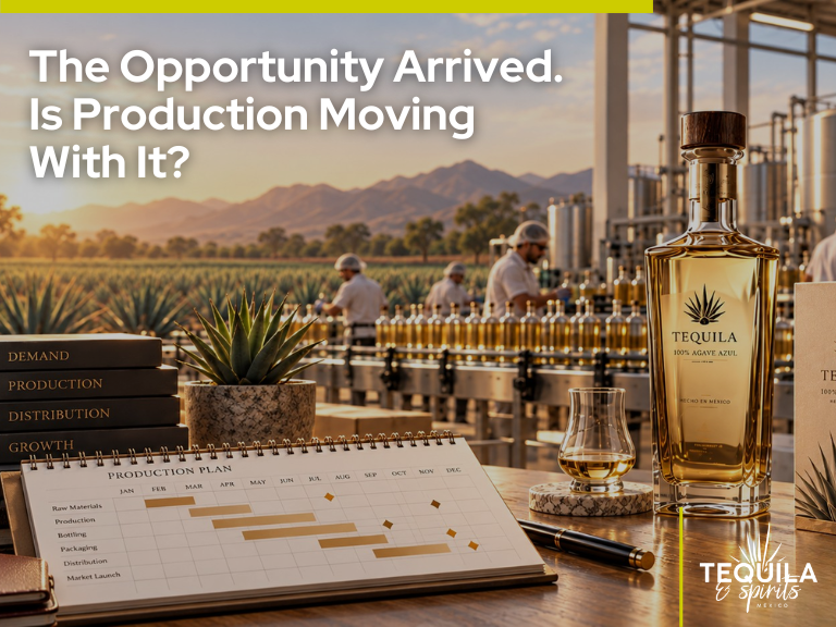 Graphic showing a bottle of tequila on a table next to a production plan document, a glass, and agave fields in the background.