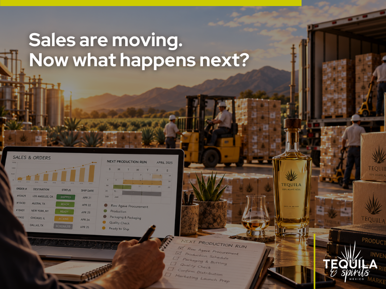 A desk with a laptop showing sales analytics and a production plan next to a tequila bottle, with a shipping warehouse in the background.